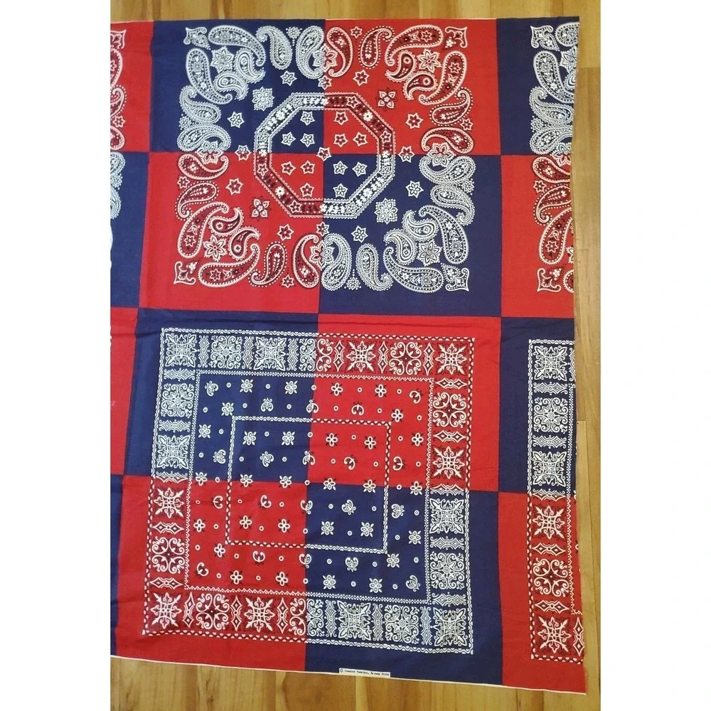 Vintage Fabric Red & Blue Bandana Patchwork Cranston Screen Print 70s Americana